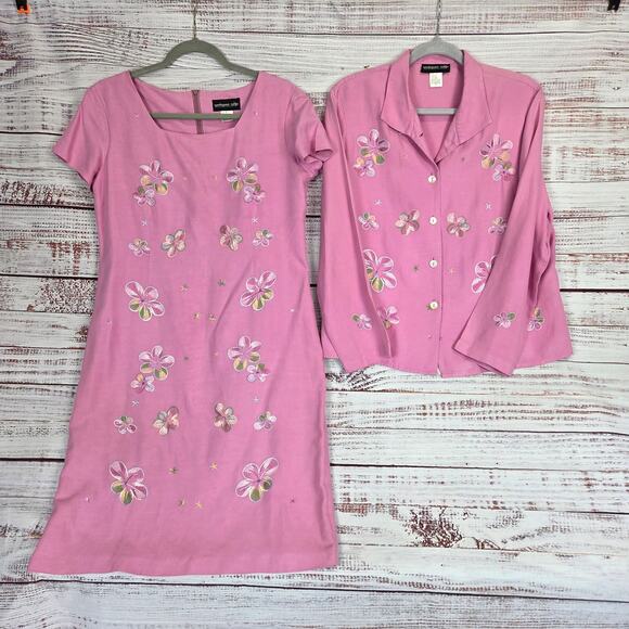 Vintage Silk Linen 8 Dress 10 Blazer Set Pink Pastel Embroidered Coquette Floral - Picture 1 of 16